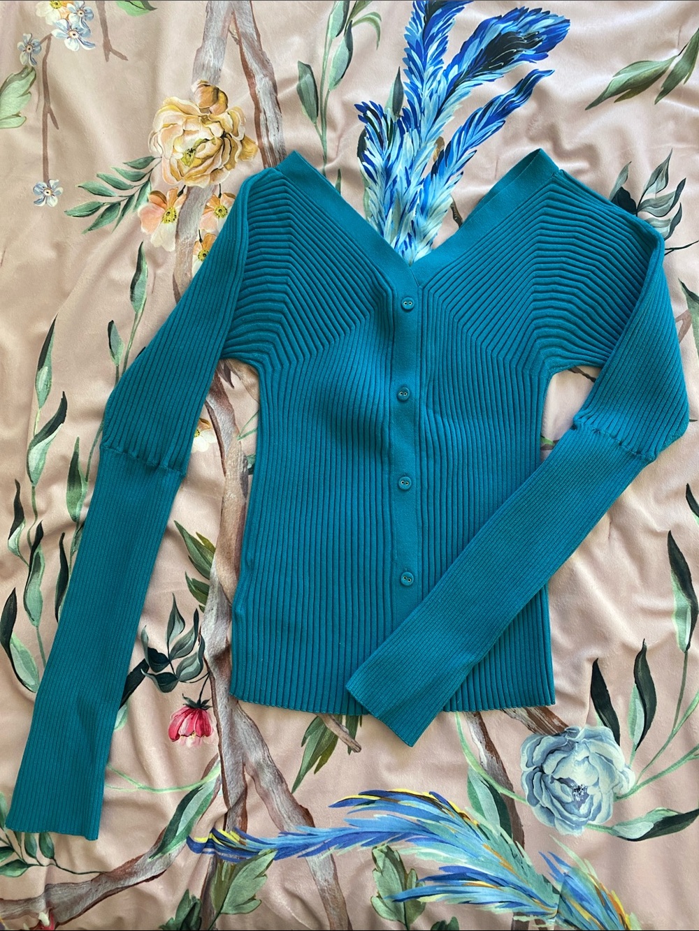 Snidel Teal Ribbed V-Neck Button Sweater